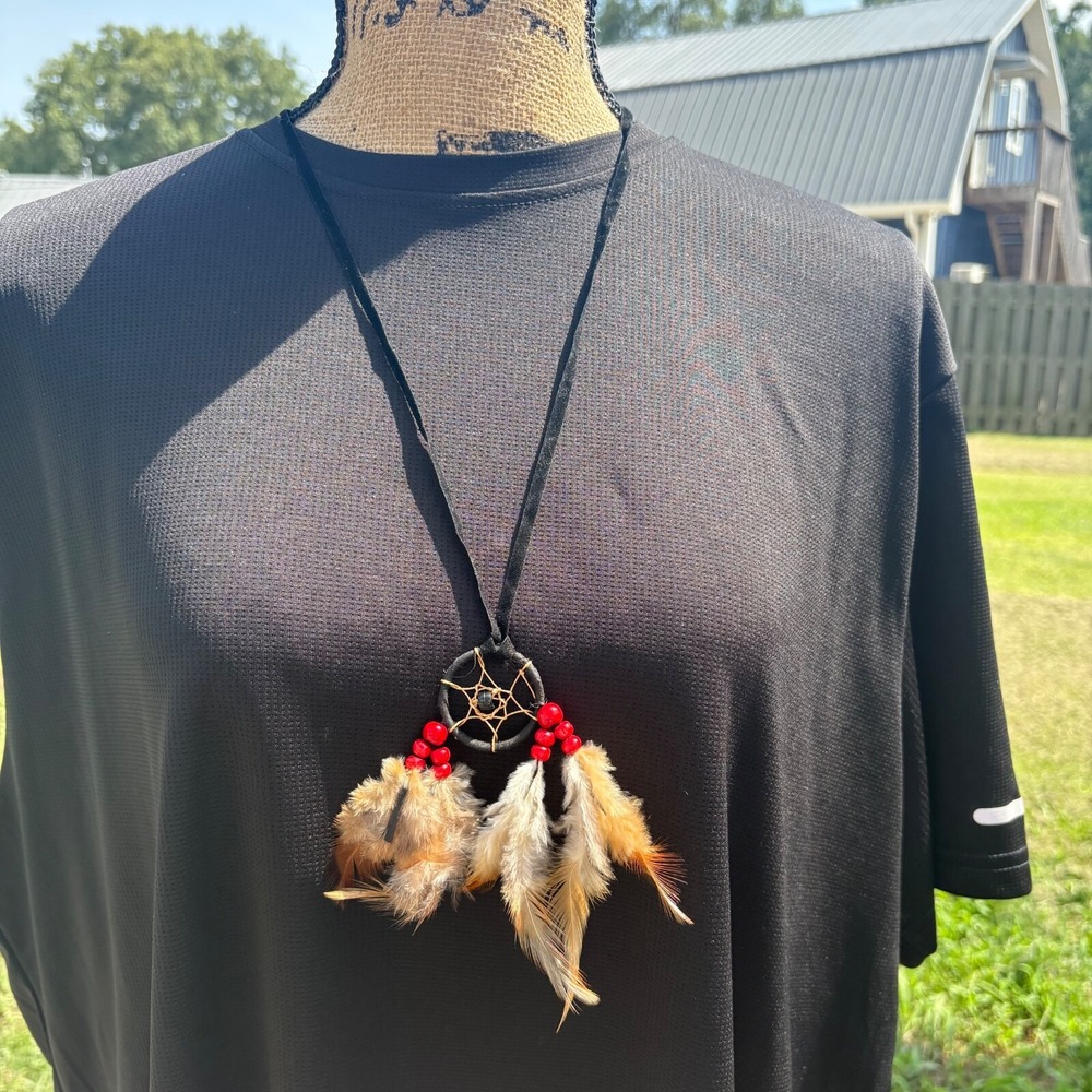 Dreamcatcher Necklace with Feathers & Red Beads - Boho Chic Jewelry